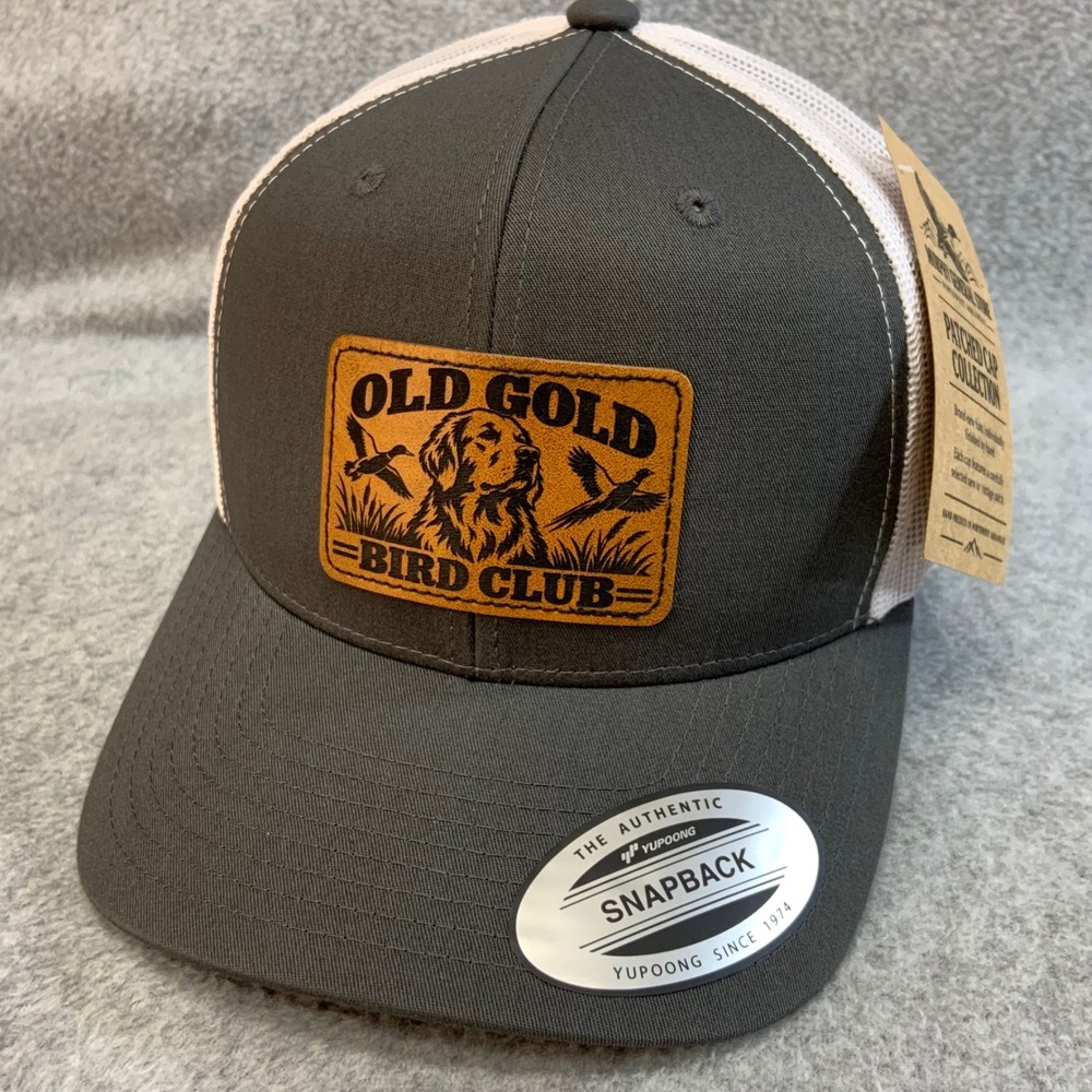 Old Gold Bird Club Mens Grey Yupoong Trucker Hat Leather Patch Snapback OSFM NWT